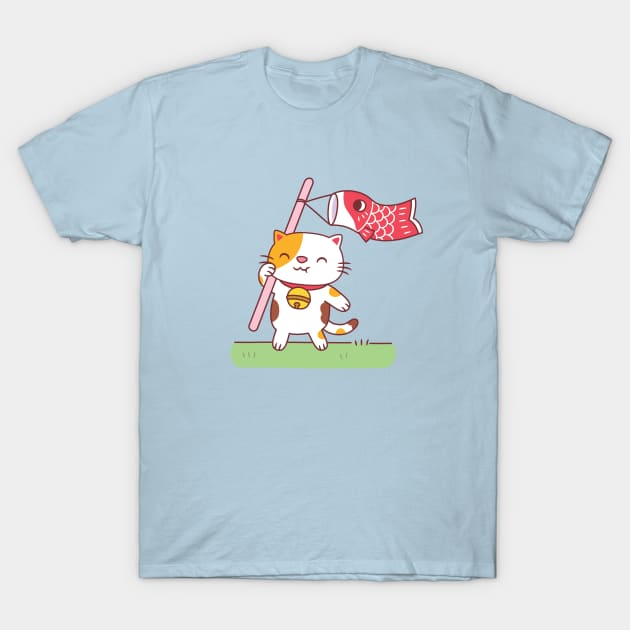 Cute Neko Cat with Koinobori Carp Streamer T-Shirt by rustydoodle